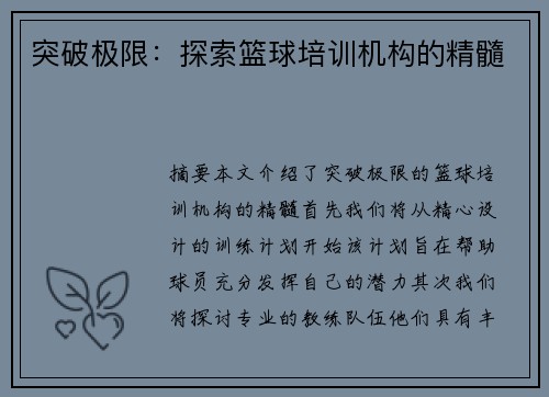 突破极限：探索篮球培训机构的精髓